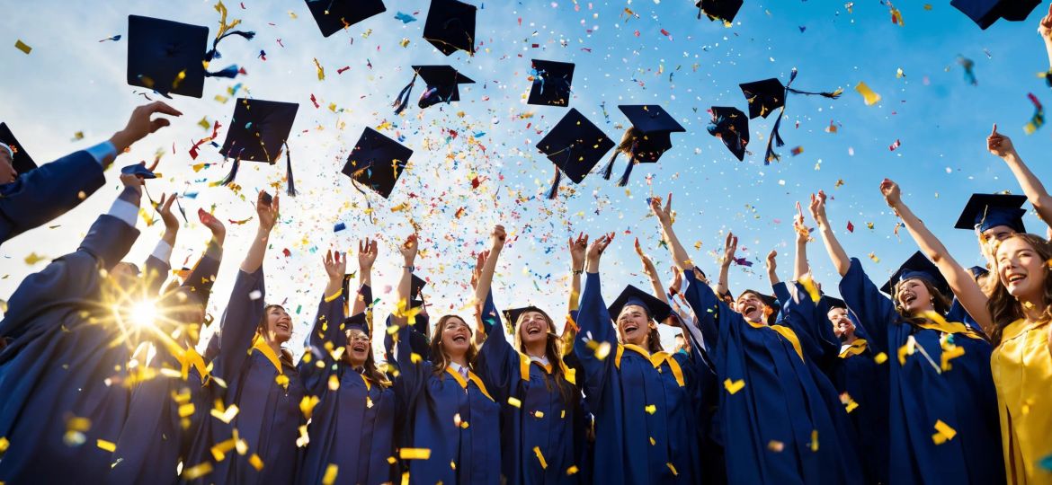 academic caps in the air at graduation. Selective focus.